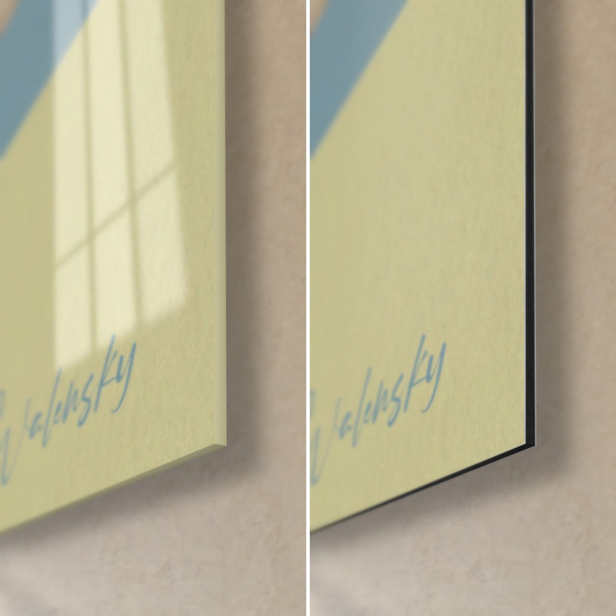 Wall art of an orange and brown feline hunter, bottom right corner, blue Walensky signature, glossy acrylic glass facing matte Dibond aluminium