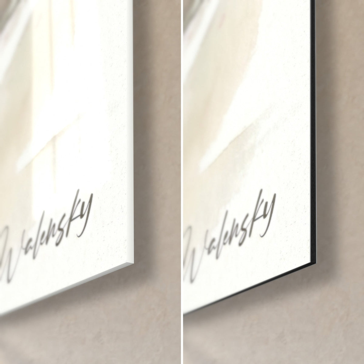 Wall art Japanese cherry tree and sage green, bottom right corner: glossy acrylic glass on the left, matte Walensky Dibond aluminum on the right, 3 mm black edge