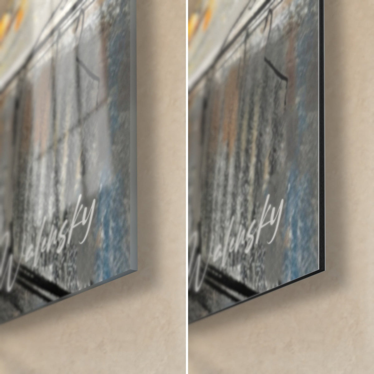 Wall art of an Ocicat with amber spotted coat, glossy glass corner bottom left, matte black Dibond aluminium on the right, 3 mm edge