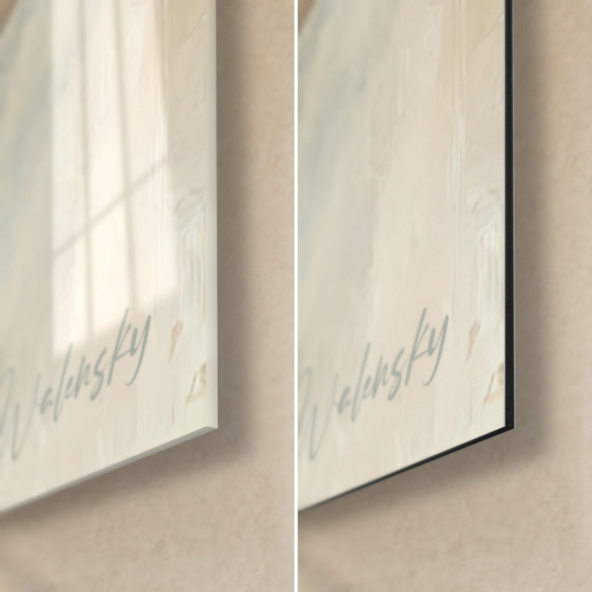 Schilderij witte Angora-kat, rechtsonder: signatuur Walensky in grijsgroen, glanzend acrylglas links, mat zwart Dibond rechts