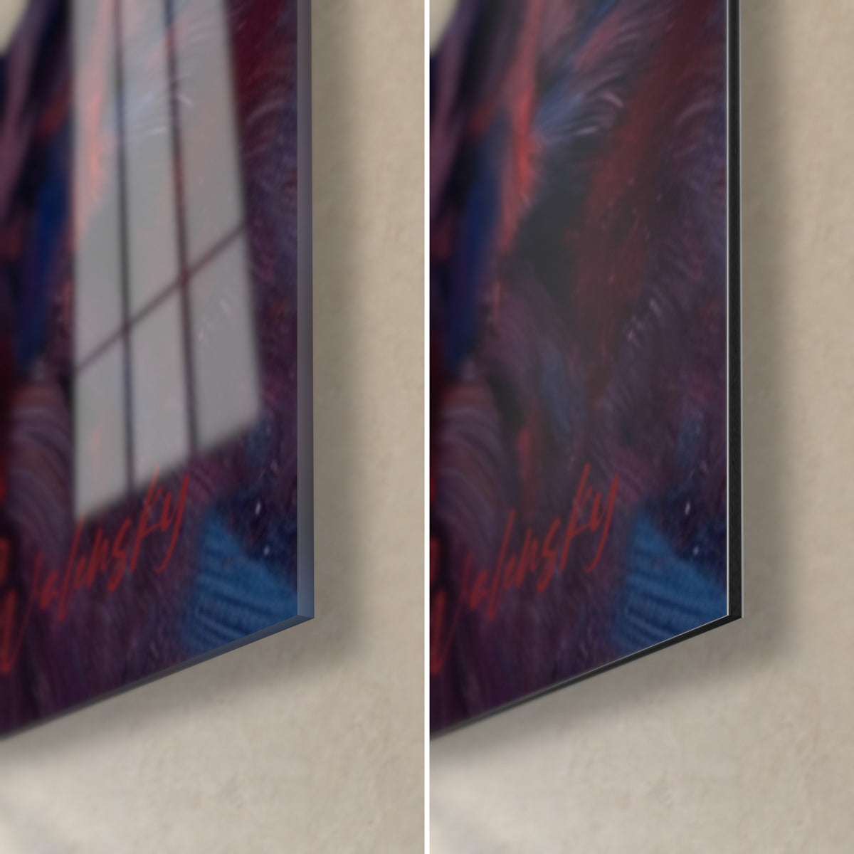 Tableau chat gris aux iris orangés, coin bas droit : verre acrylique brillant à gauche, alu Dibond mat à droite, tranche de 3 mm