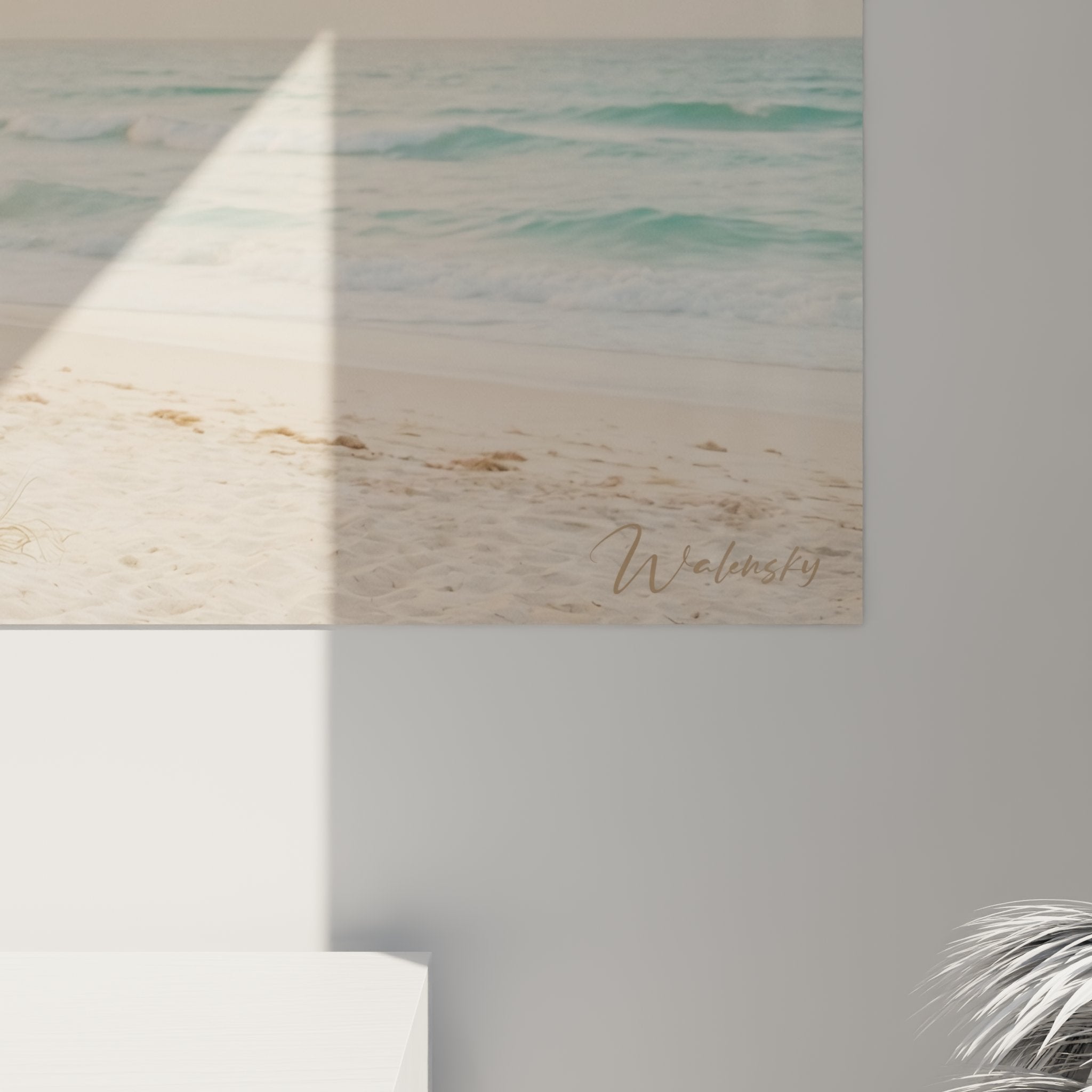 Vue d'ensemble tableau surf paradise avec océan turquoise, palmiers et atmosphère dorée tropicale