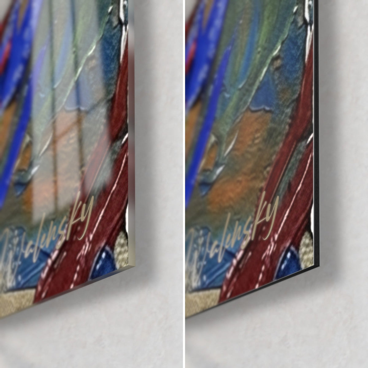 Tableau spirale carmin et cobalt, coin bas droit : verre acrylique brillant à gauche, alu Dibond mat à droite, tranche 3 mm