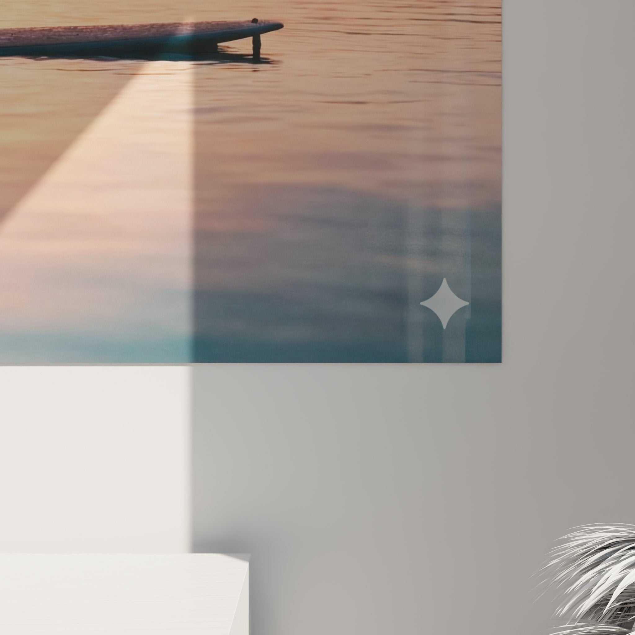 Vue ensemble tableau surf romance tropicale couple surfeurs coucher soleil palmiers decoration murale