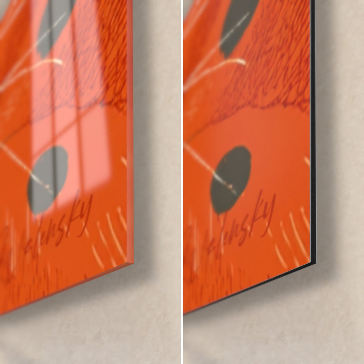 Cuadro retrato de siamés, esquina inferior derecha: cristal brillante que refleja la ventana, aluminio Dibond mate negro, naranja y gris