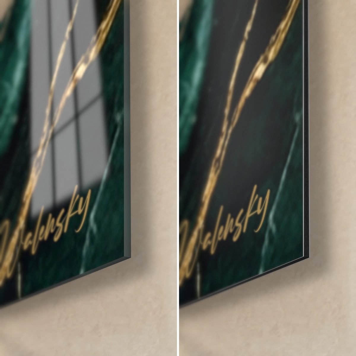 Wall art stork in flight, bottom right corner: gold Walensky signature on deep green background, glossy glass on the left, matte Dibond on the right