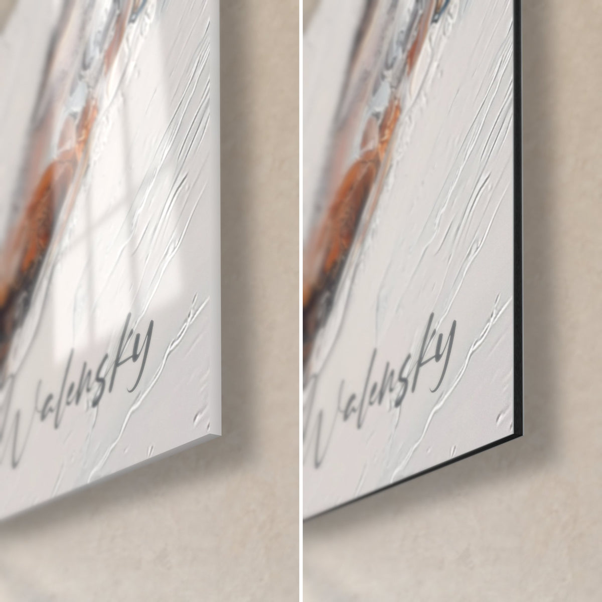 Tableau sommets enneigés peints au couteau, coin bas droit : verre brillant à gauche, Dibond mat noir à droite, signature Walensky
