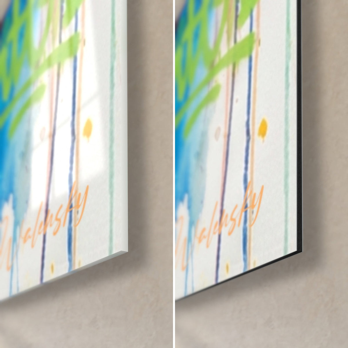 Gemälde Wildblumenstrauß, Ecke unten rechts: glänzendes Glas links, mattschwarzes Dibond-Aluminium rechts, blaue und orangefarbene Laufspuren