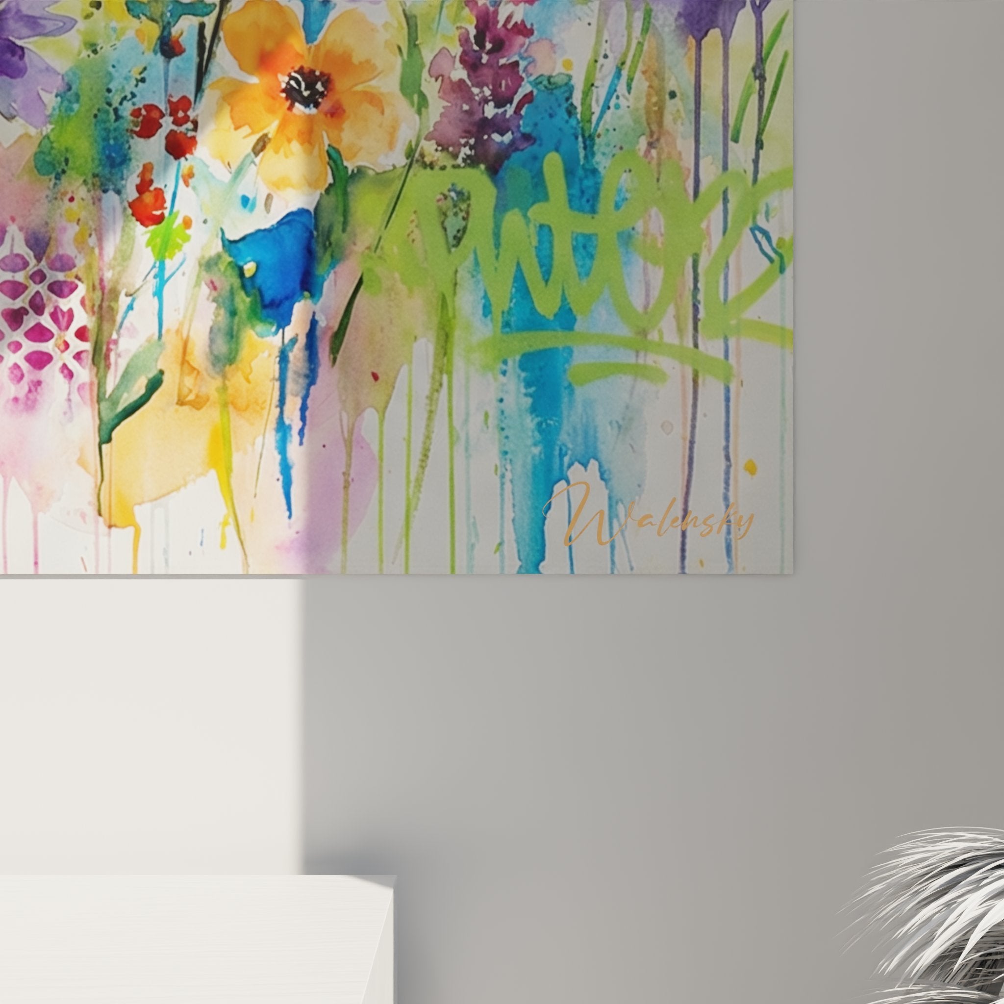 Overall view of alpine floral wall art mounted on wall displaying colorful meadow and mountain peaks