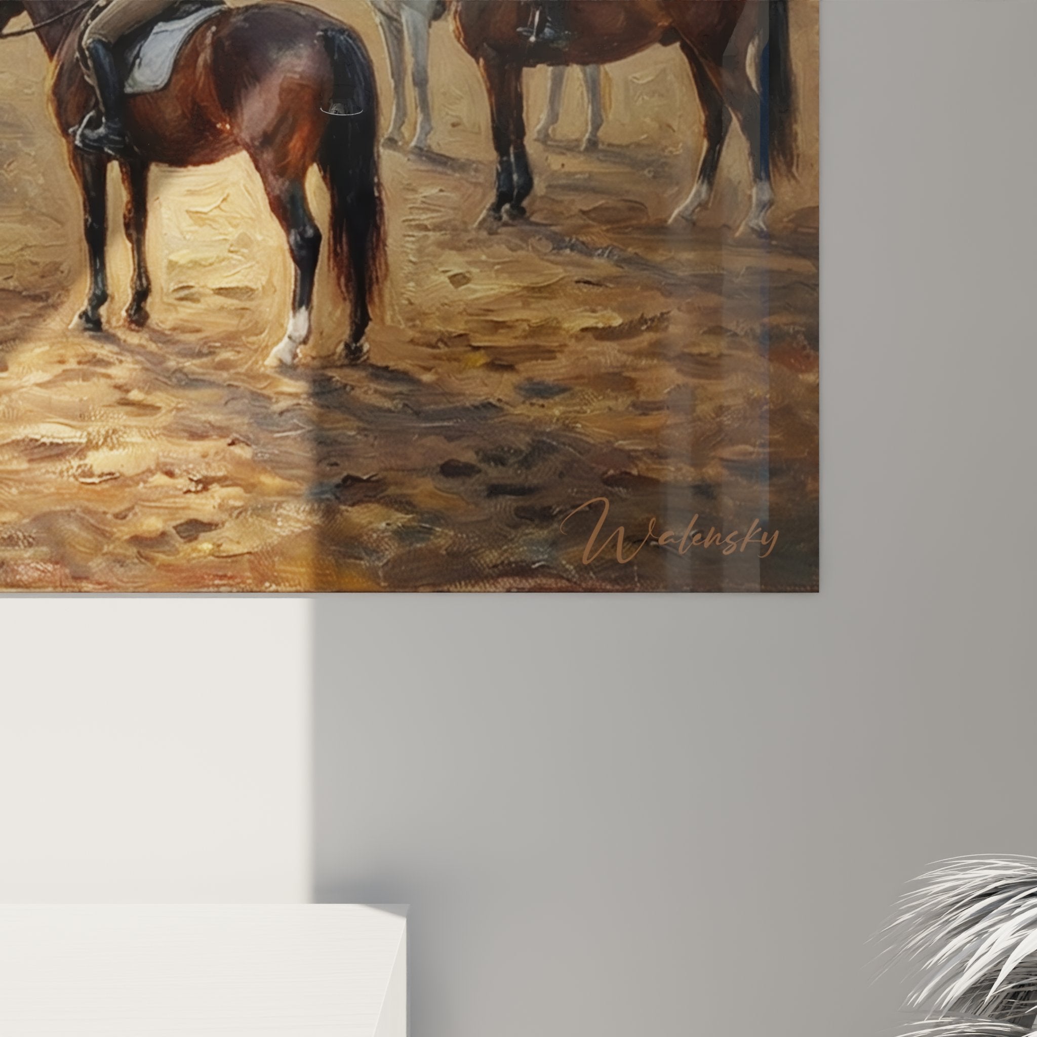 Vue d'ensemble tableau art équestre, scène d'instruction d'équitation matinale avec palette dorée et brune