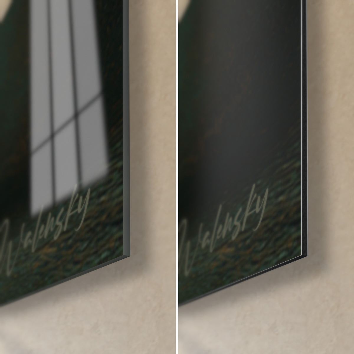 Gemälde weiße Katze mit rotbraunen Partien, untere rechte Ecke: glänzendes Acrylglas mit Spiegelung des Fensters, mattschwarzes Dibond, 3 mm Kante