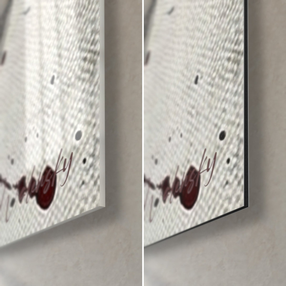 Wall art black ink warhorse, bottom right corner: glossy acrylic glass on the left, matte Dibond on the right, slim edge