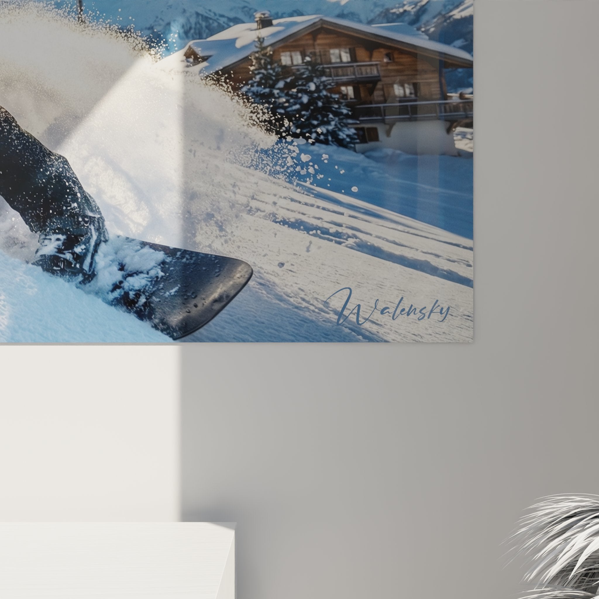 Vue d'ensemble tableau mural snowboard dans salon avec décoration sports d'hiver contemporaine