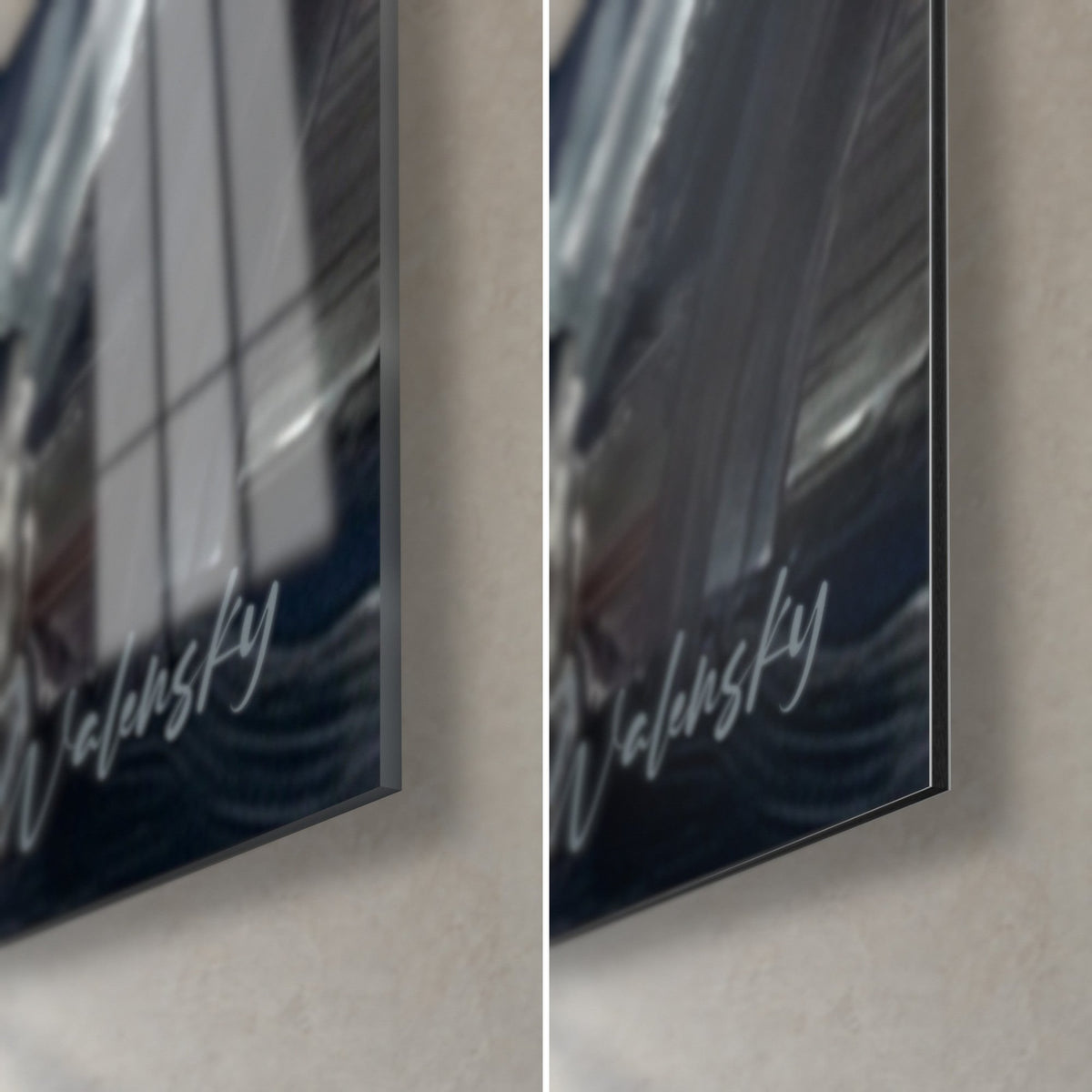 Wall art judo fighters in oil paint, bottom right corner: glossy acrylic glass with reflections on the left, matte black Dibond on the right