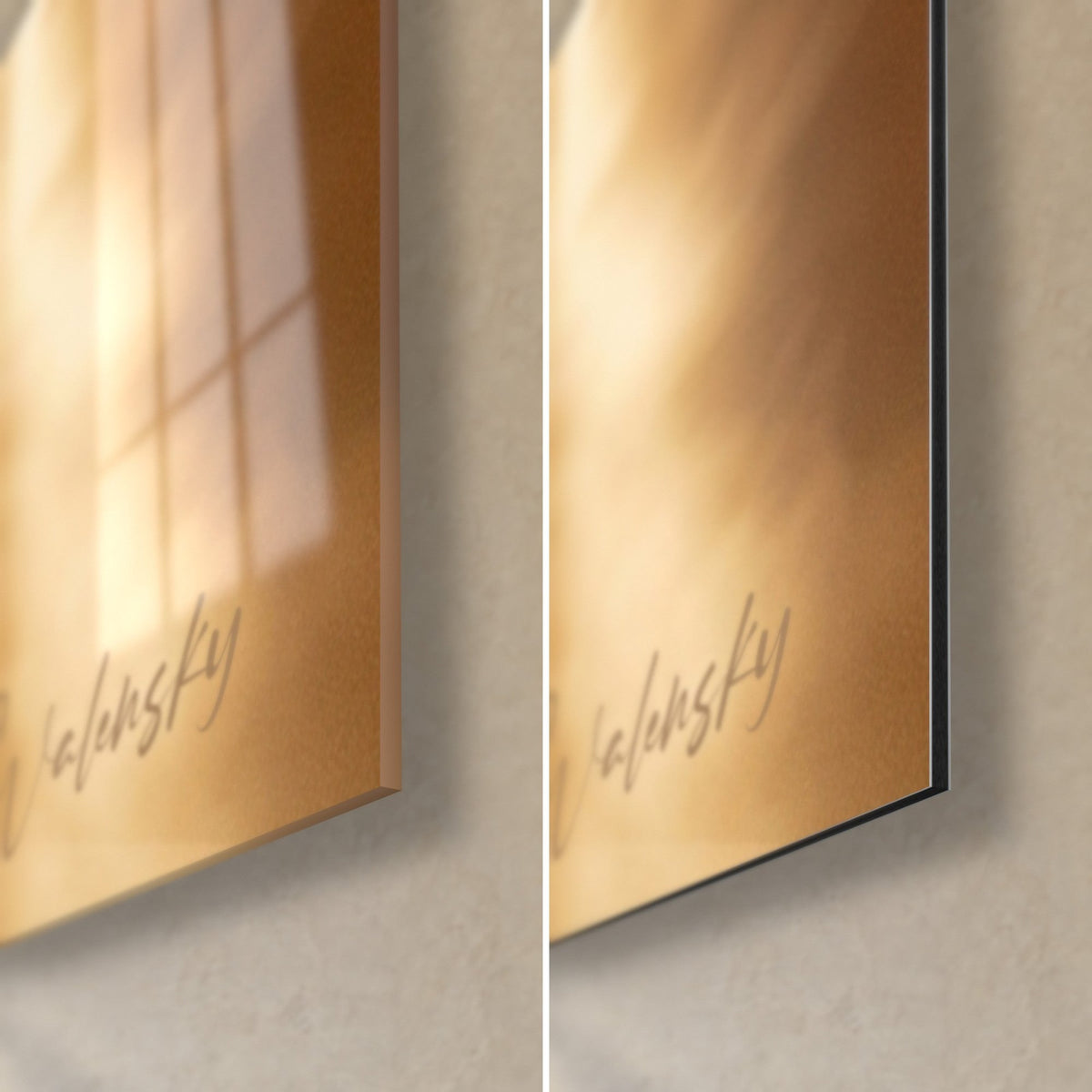 Wall art of a ginger feline with amber eyes, bottom right corner: glossy acrylic glass on the left, matte Dibond aluminium on the right, 3 mm black edge