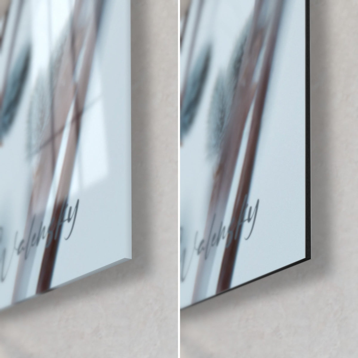 Wall art Balinese cat with sky-blue eyes, bottom right corner: glossy acrylic glass on the left, matte black Dibond on the right, 3 mm edge