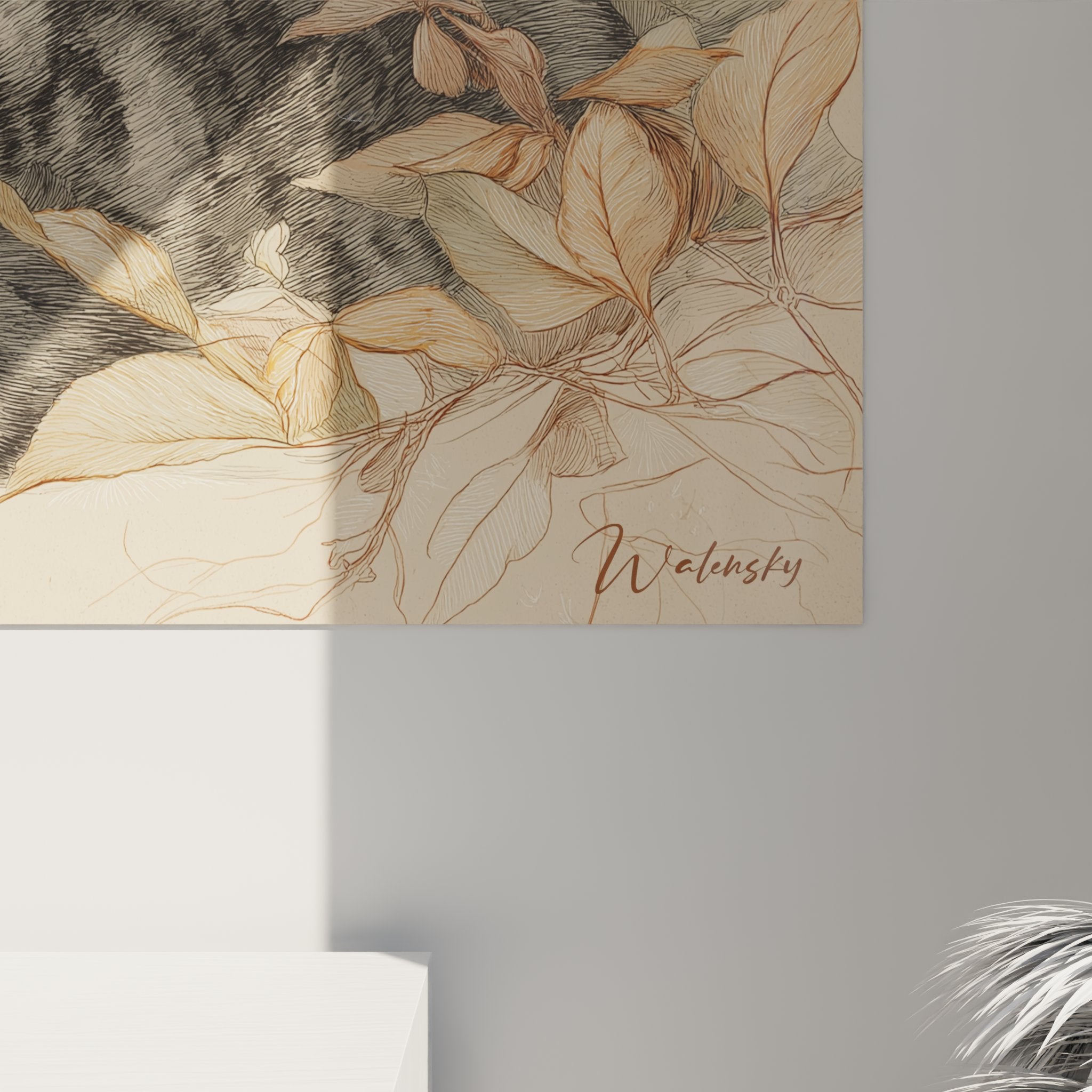 Vue ensemble tableau mural chat American Shorthair automne decoration interieure style naturel elegant