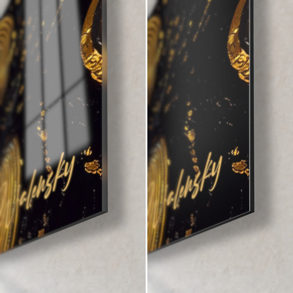 Schilderij slapende vrouw in een zwarte jurk met gouden pailletten, rechterhoek onderaan: glanzend glas links, mat Dibond rechts, rand van 3 mm