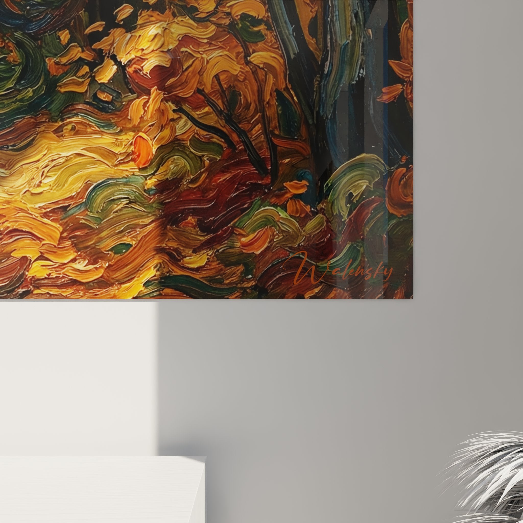 Vue d'ensemble du tableau forêt d'automne montrant la composition complète du sentier forestier