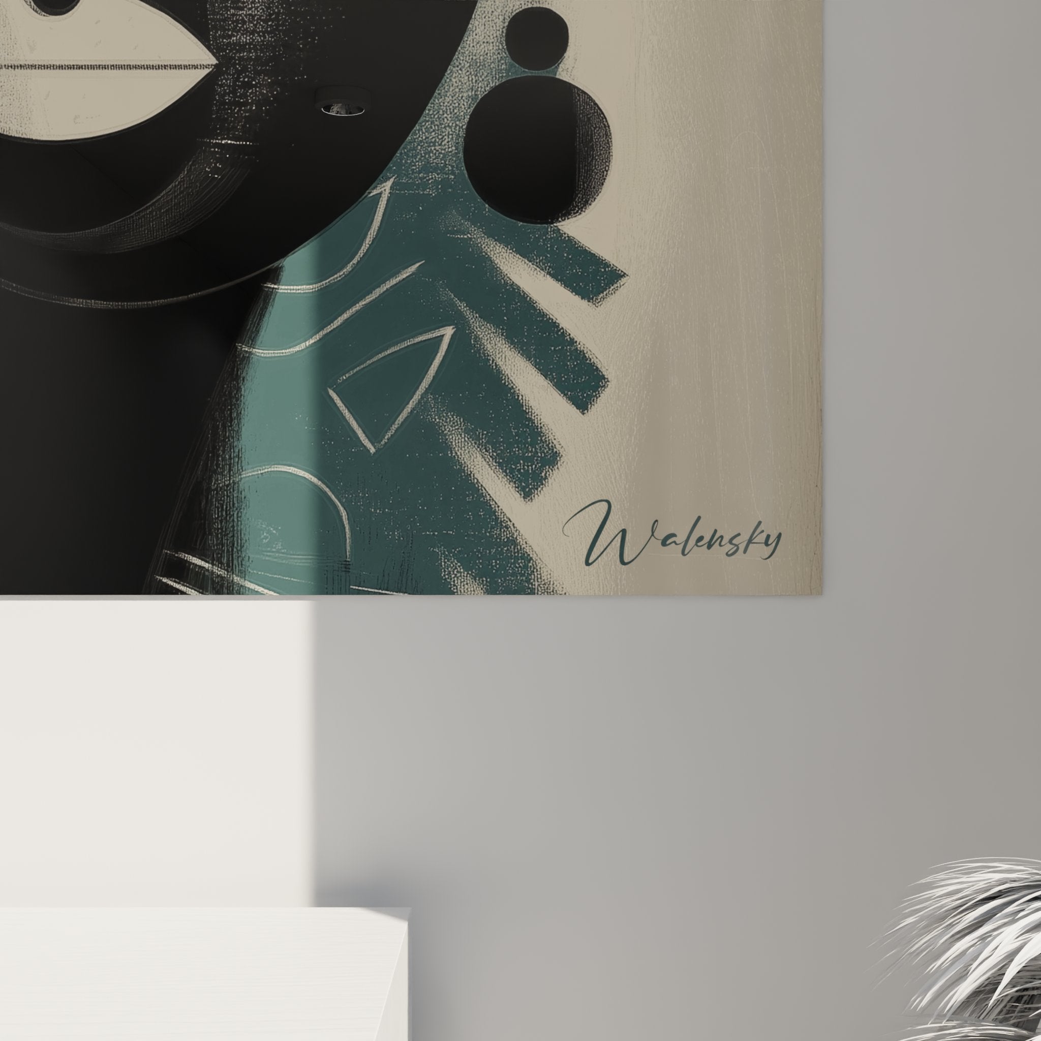 Vista completa quadro arte tribale africana cubista con maschere stilizzate per decorazione murale