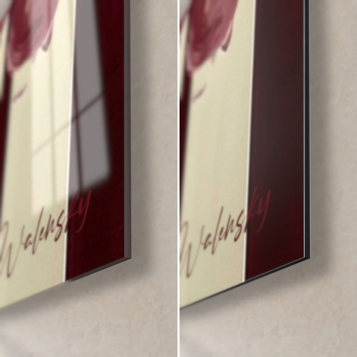 Wall art with cream and burgundy stripes, raised pink line, bottom right corner: glossy acrylic glass on the left, matte Dibond on the right