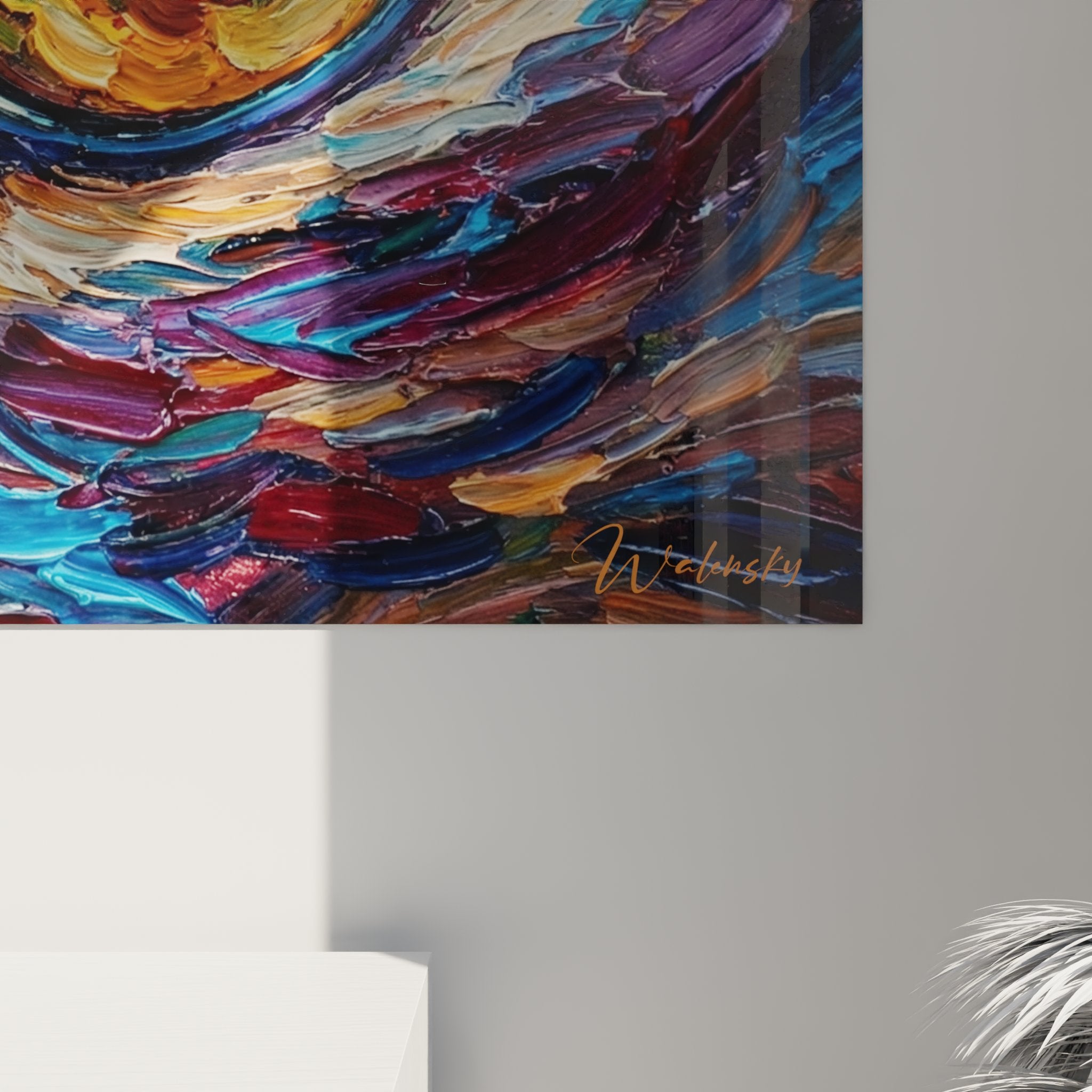 Gesamtansicht expressionistisches Katzenbild Wohnzimmer moderne Wanddekoration Katzenkunst lebendige Farben