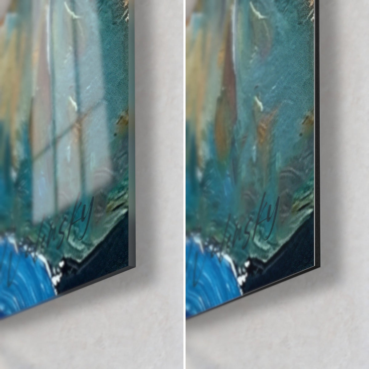 Wall art of an underwater diver, cobalt blue and turquoise lower right corner, glossy glass with reflections and matte Dibond, 3 mm thickness