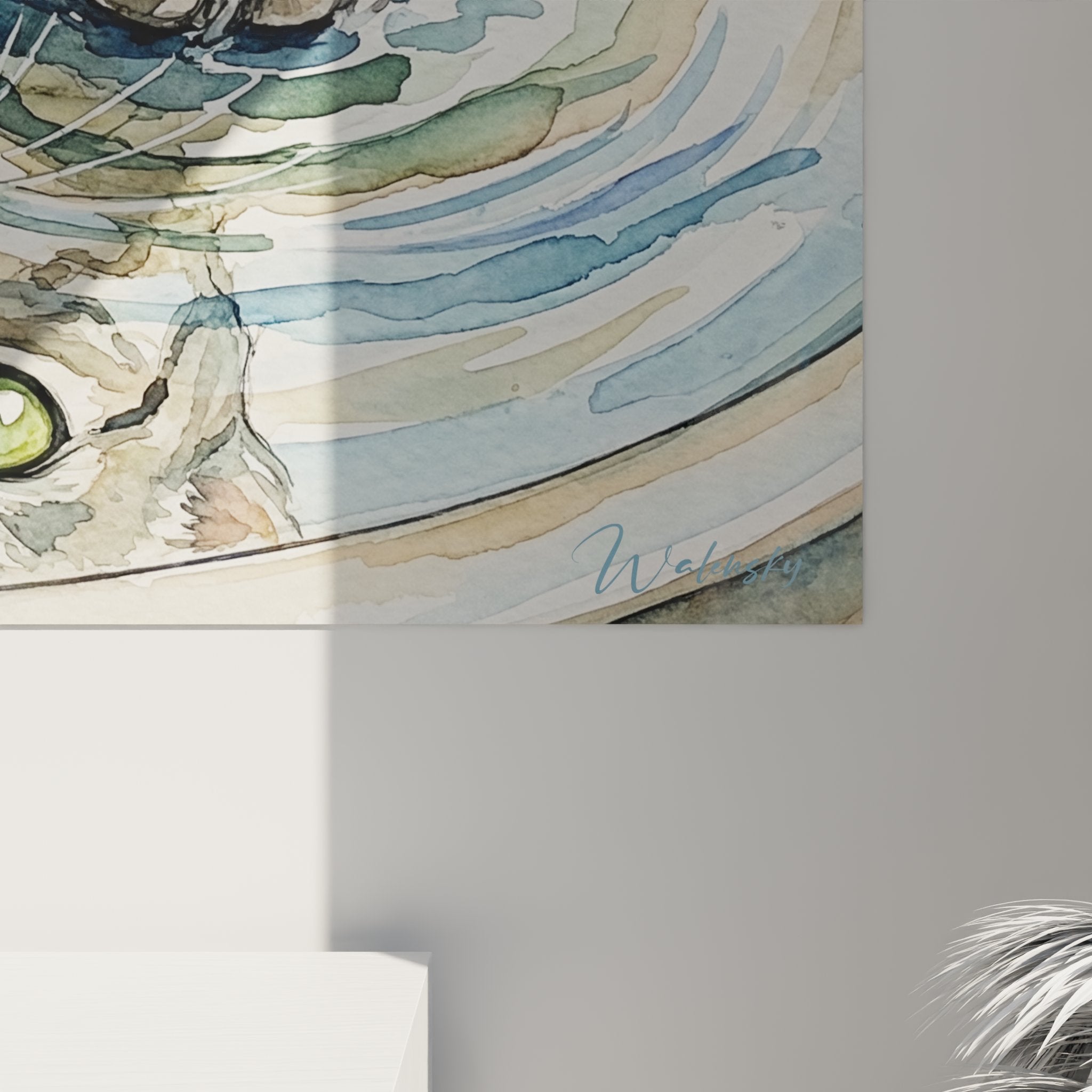 Panoramica dell'opera ad acquerello che mostra il gatto Egyptian Mau negli schizzi d'acqua