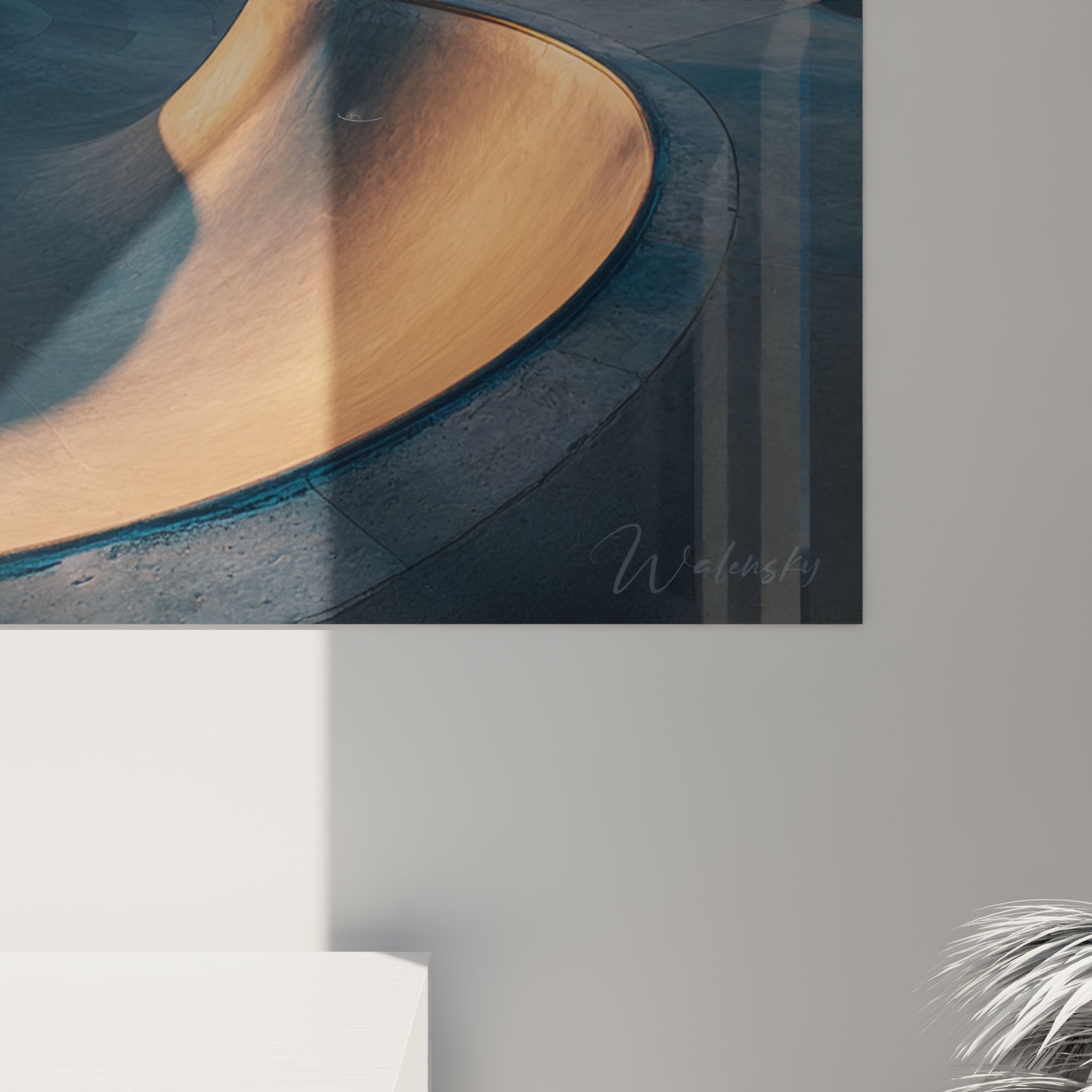 Vue ensemble tableau skate park Venice Beach decoration interieur style californien palmiers sunset skateboard