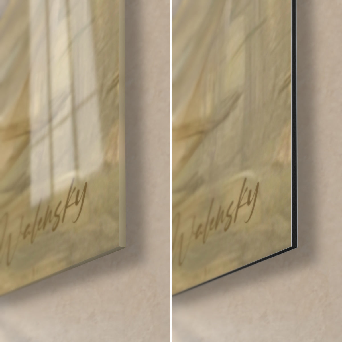 Wall art of an athlete in a cream uniform, lower right corner: glossy acrylic glass on the left, matte Dibond aluminium on the right, 3 mm black edge