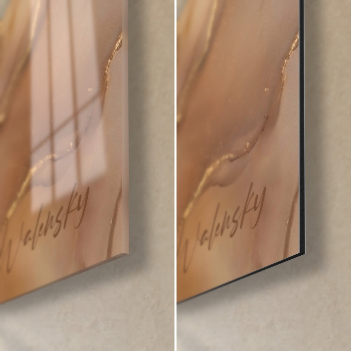 Wall art cat with orange eyes, bottom right corner: glossy acrylic glass reflecting light, matte taupe Dibond aluminium, 3 mm edge