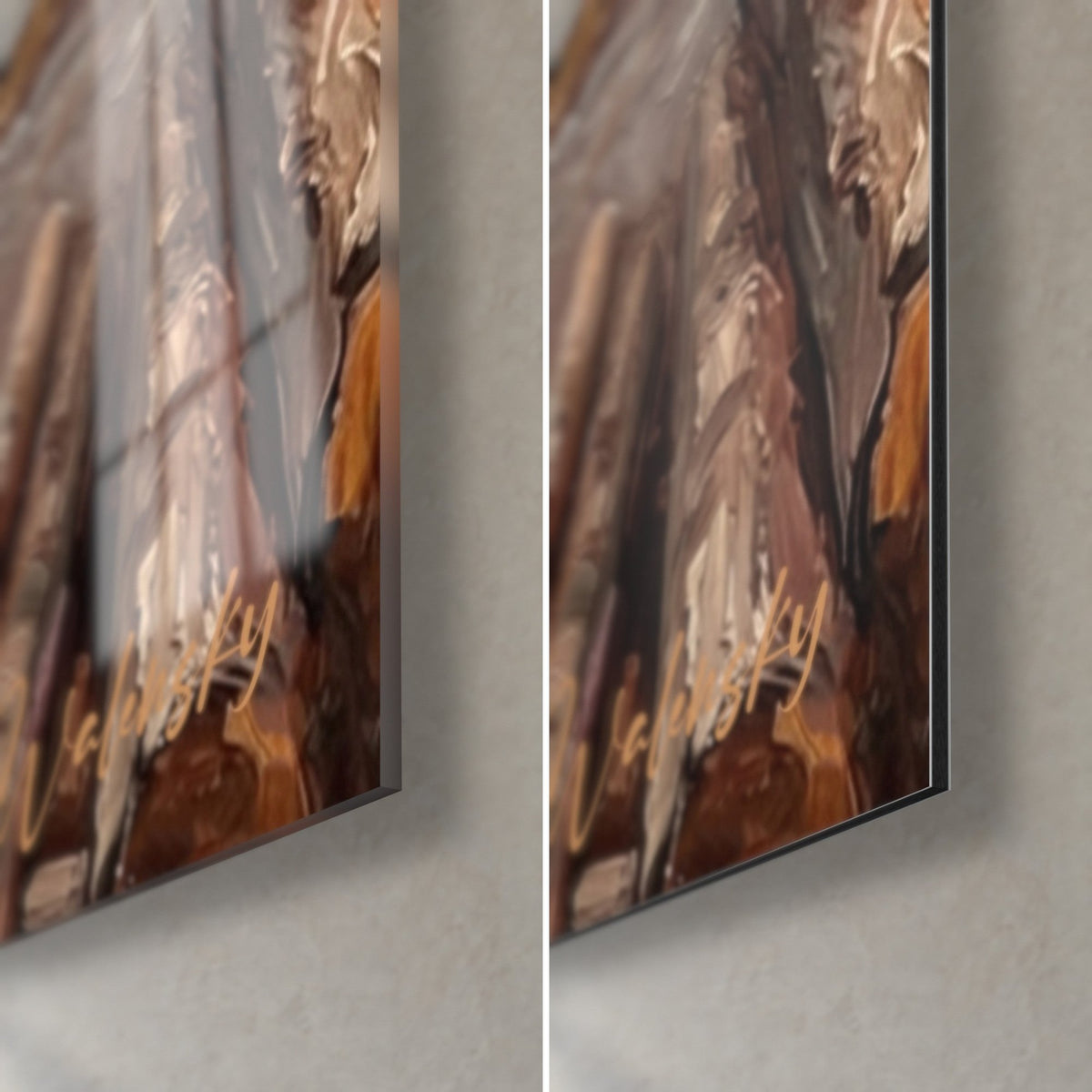 Wall art waterwheel in rust and ochre, thick brushstrokes, bottom right corner: glossy acrylic glass on the left, matte brushed Dibond aluminium on the right