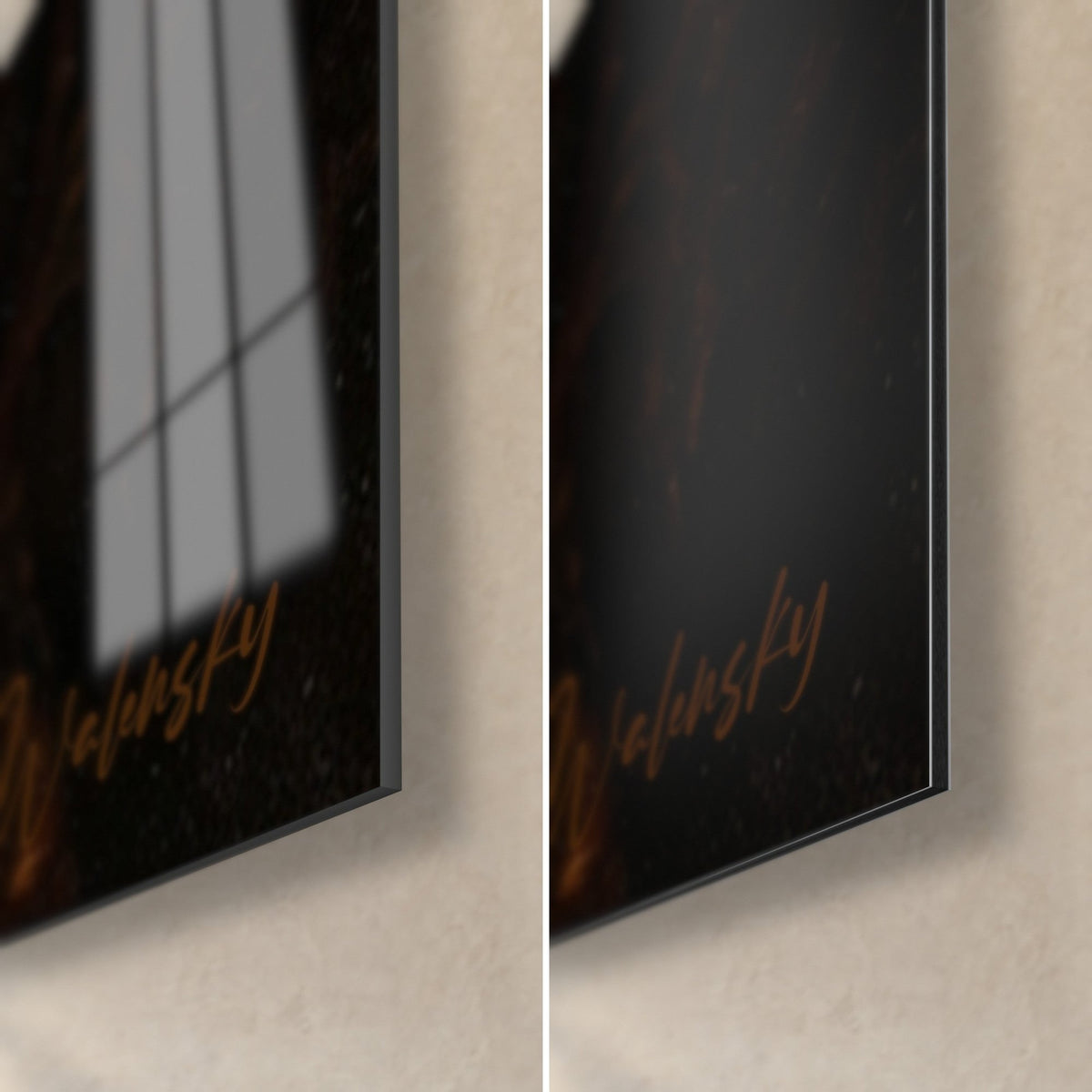 Wall art hunting scene in the undergrowth, lower right corner, gold signature on black background, glossy glass and matte Dibond, 3 mm thick