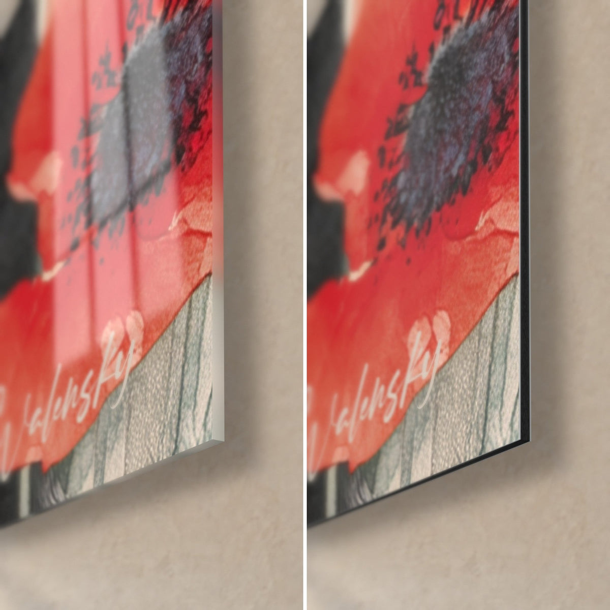 Quadro pantera in miniatura, papavero rosso con cuore nero, angolo in basso a destra: vetro acrilico lucido e Dibond opaco grigio, spessore 3 mm