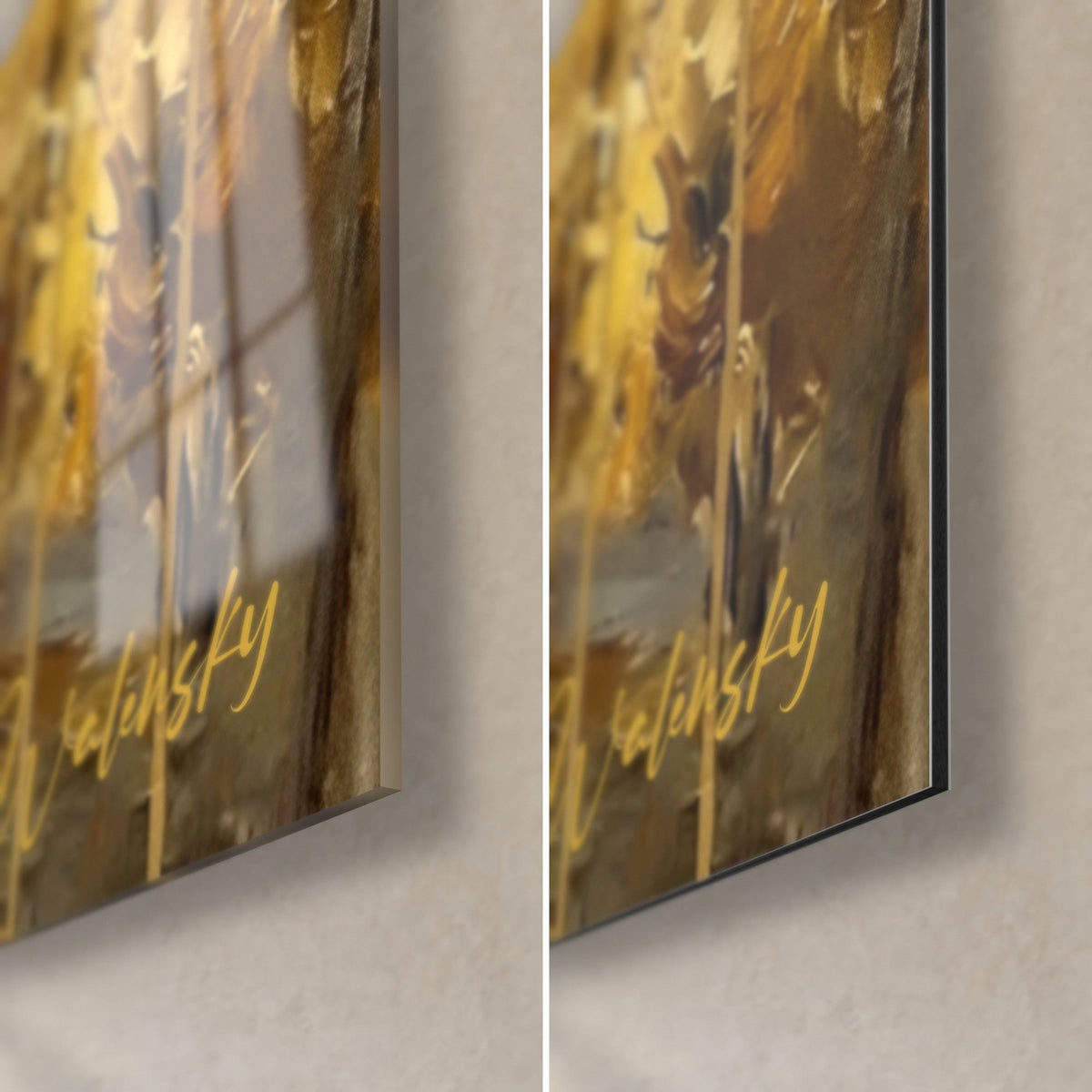 Gemälde Herbstweinberg, untere rechte Ecke: glänzendes Glas mit Reflexen, mattes Dibond-Aluminium in Ocker und Braun, goldene Signatur, 3 mm Kante