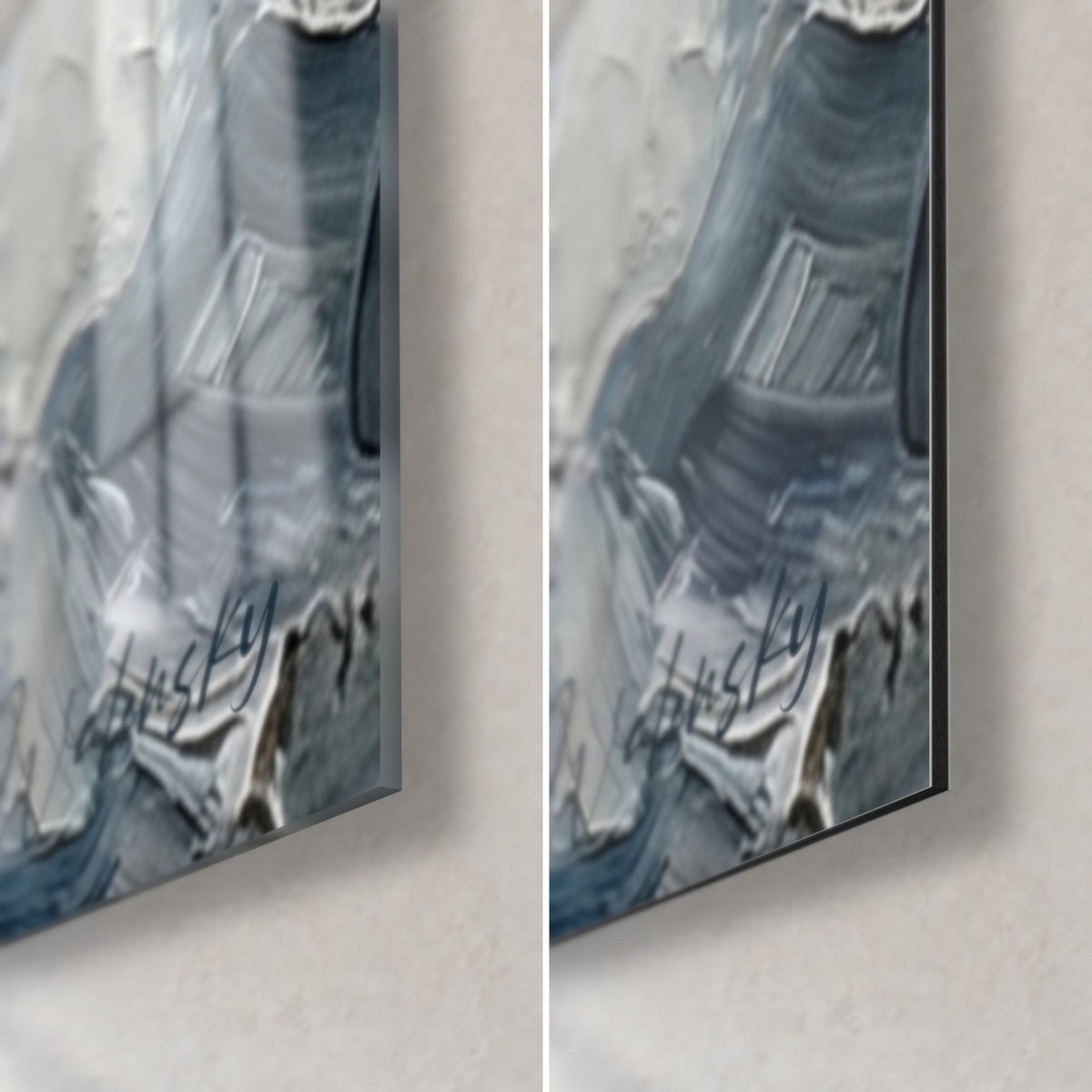 Wall art sporty figure in a white shirt, bottom right corner: glossy glass on the left, matte Dibond on the right, 3 mm edge