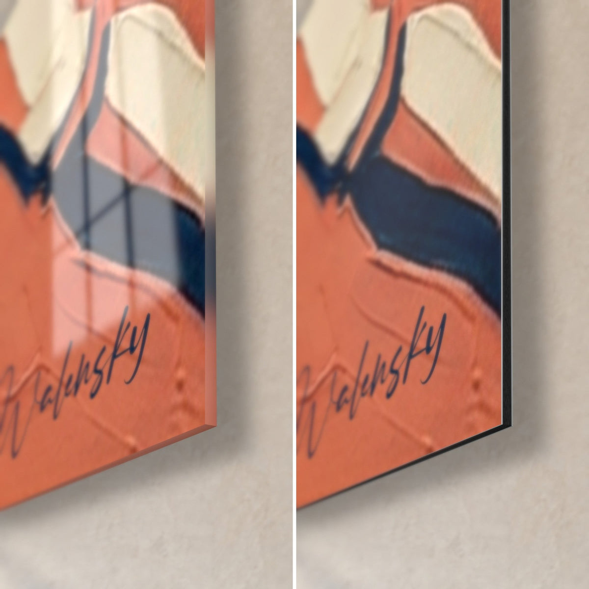 Wall art of fencers in thick coral and navy blue paint, bottom right corner: glossy glass and matte Dibond, 3 mm edge