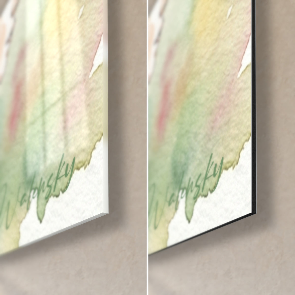 Schilderij van drie Bretonse vrouwen in aquarel, rechtsonder: glanzend acrylglas links, mat zwart Dibond rechts, rand van 3 mm