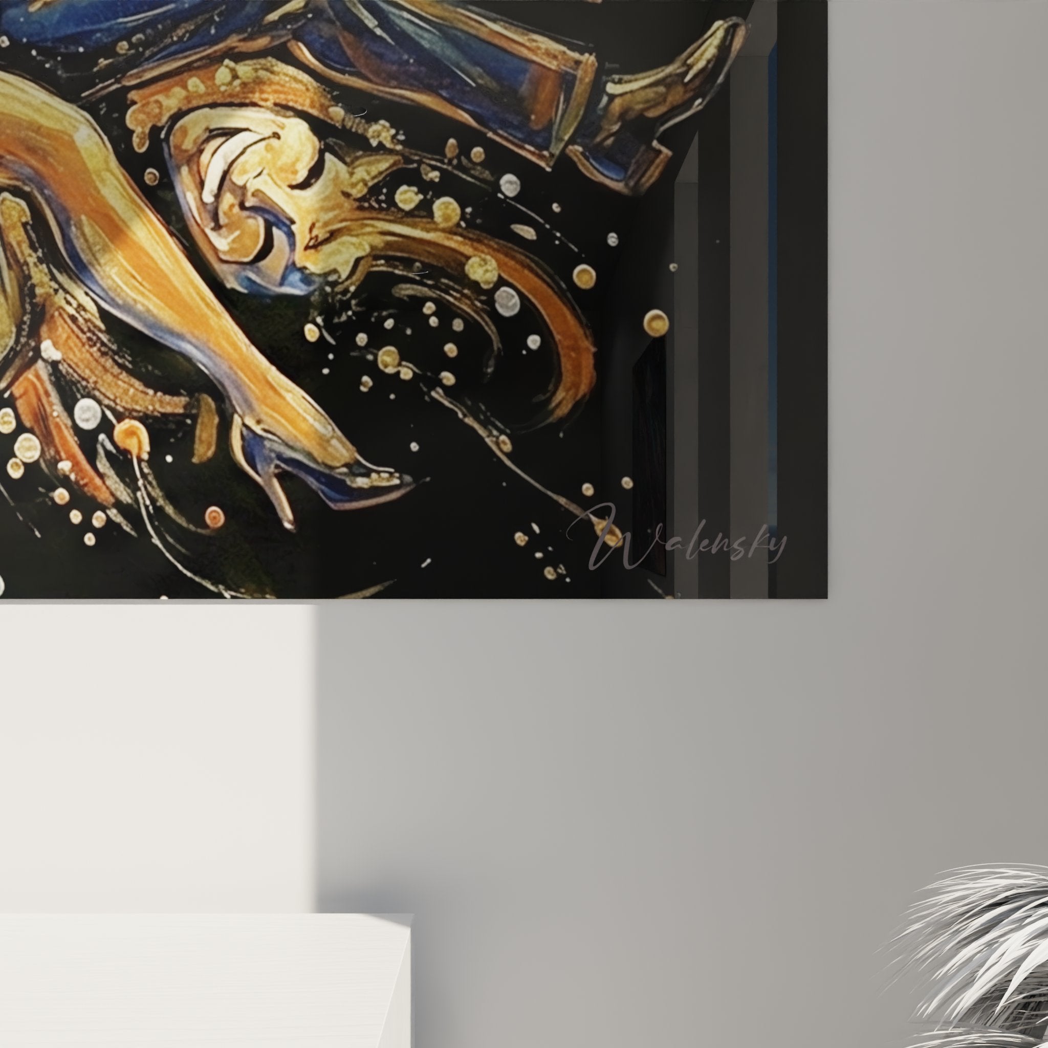 Vista d'insieme del quadro murale danza festiva appeso in un elegante soggiorno contemporaneo