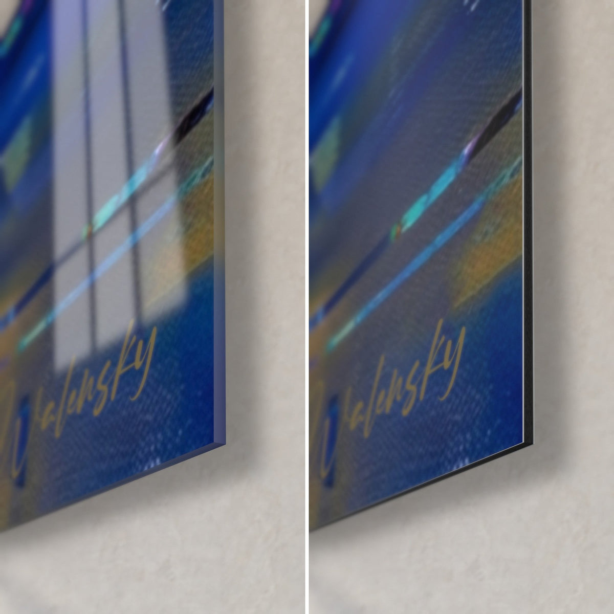 Cuadro de un gatito persa blanco, esquina inferior derecha: cristal brillante que refleja la luz y aluminio Dibond mate, canto fino, firma dorada