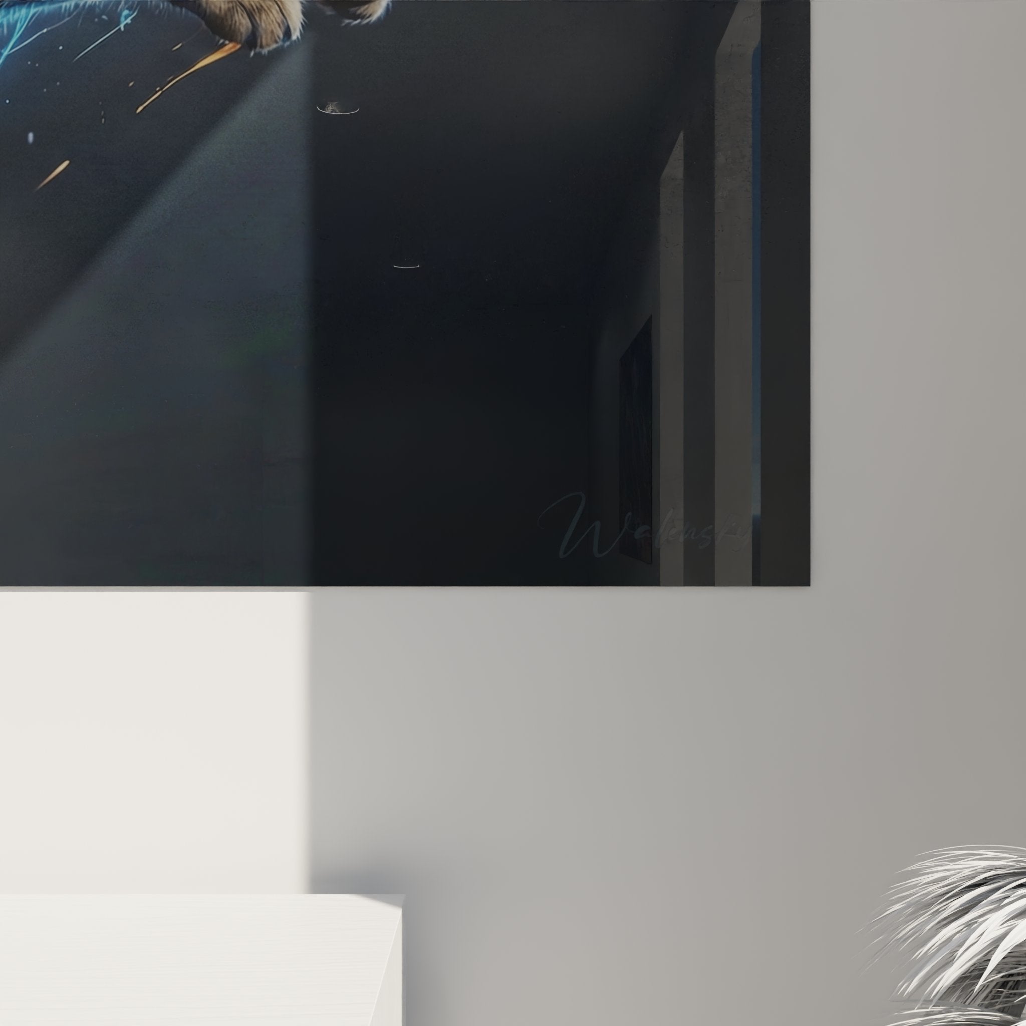 Overview of flying Kurilian Bobtail cat wall art surrounded by blue energy and golden particles