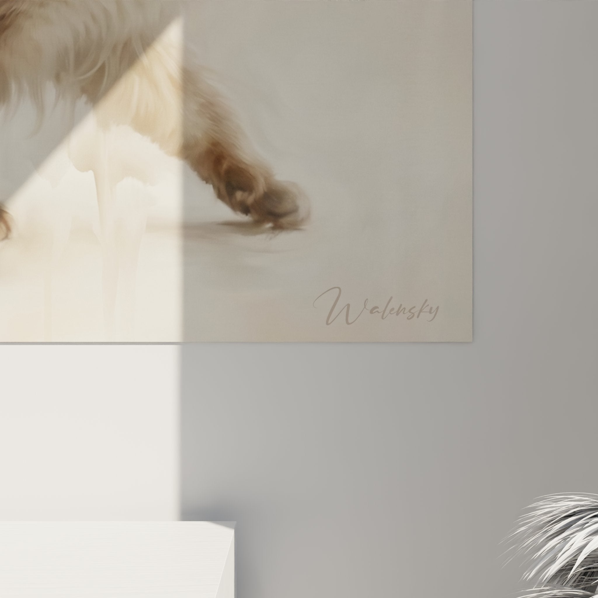 Vue d'ensemble tableau mural chat Balinais, œuvre d'art félin aux couleurs douces dans intérieur contemporain