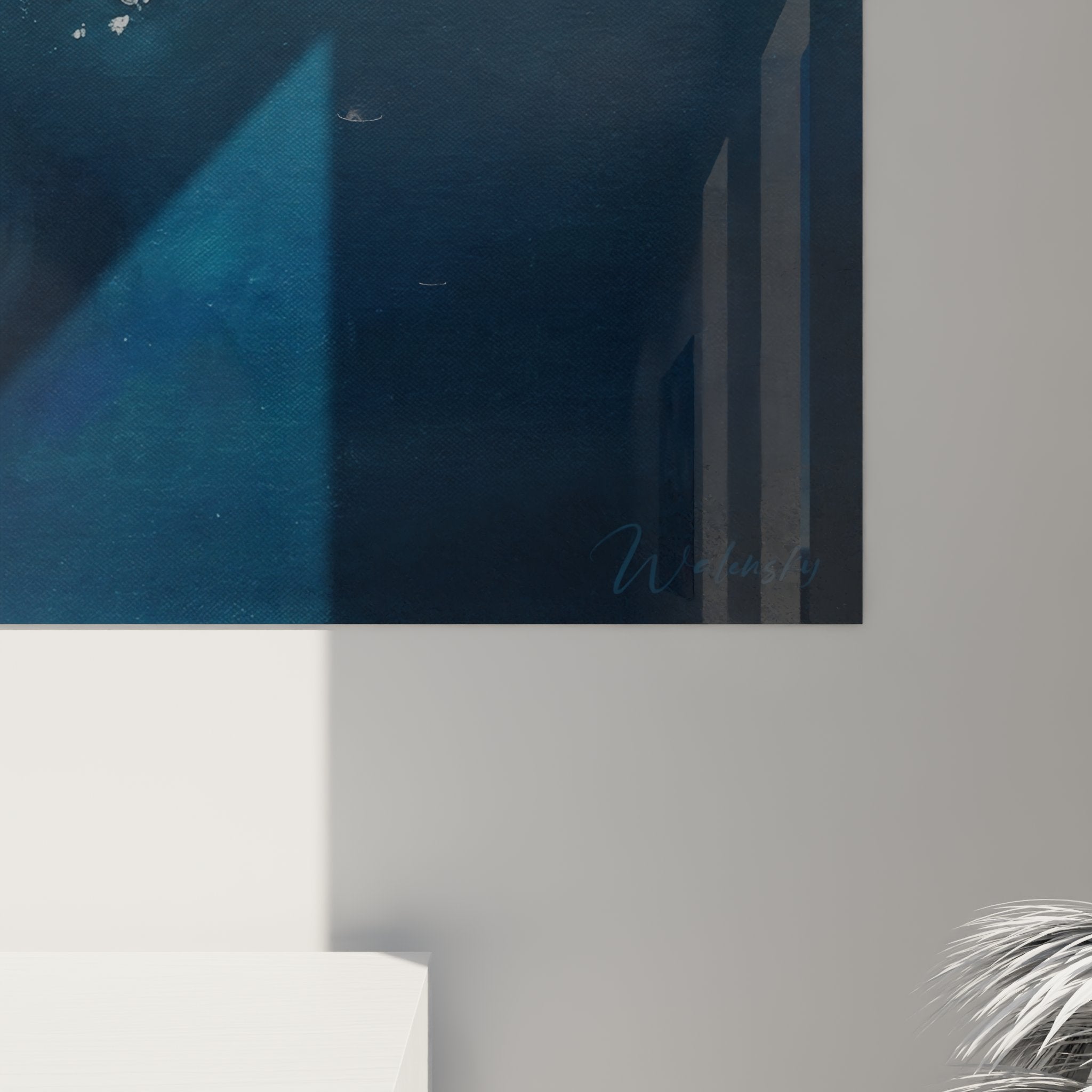 Overview of underwater diving wall art in a contemporary interior with ambient lighting