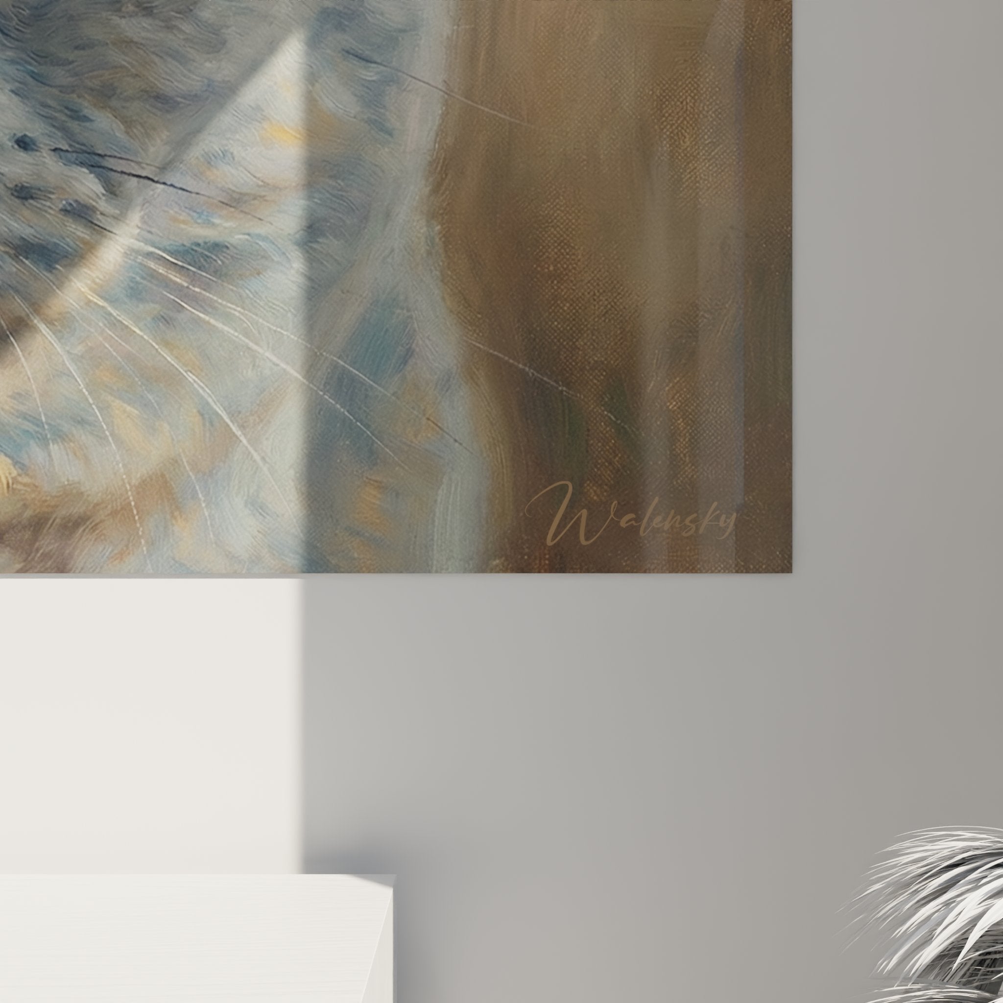 Übersicht des British Shorthair Blau Katzen-Kunstdrucks in einem hellen, zeitgenössischen Interieur