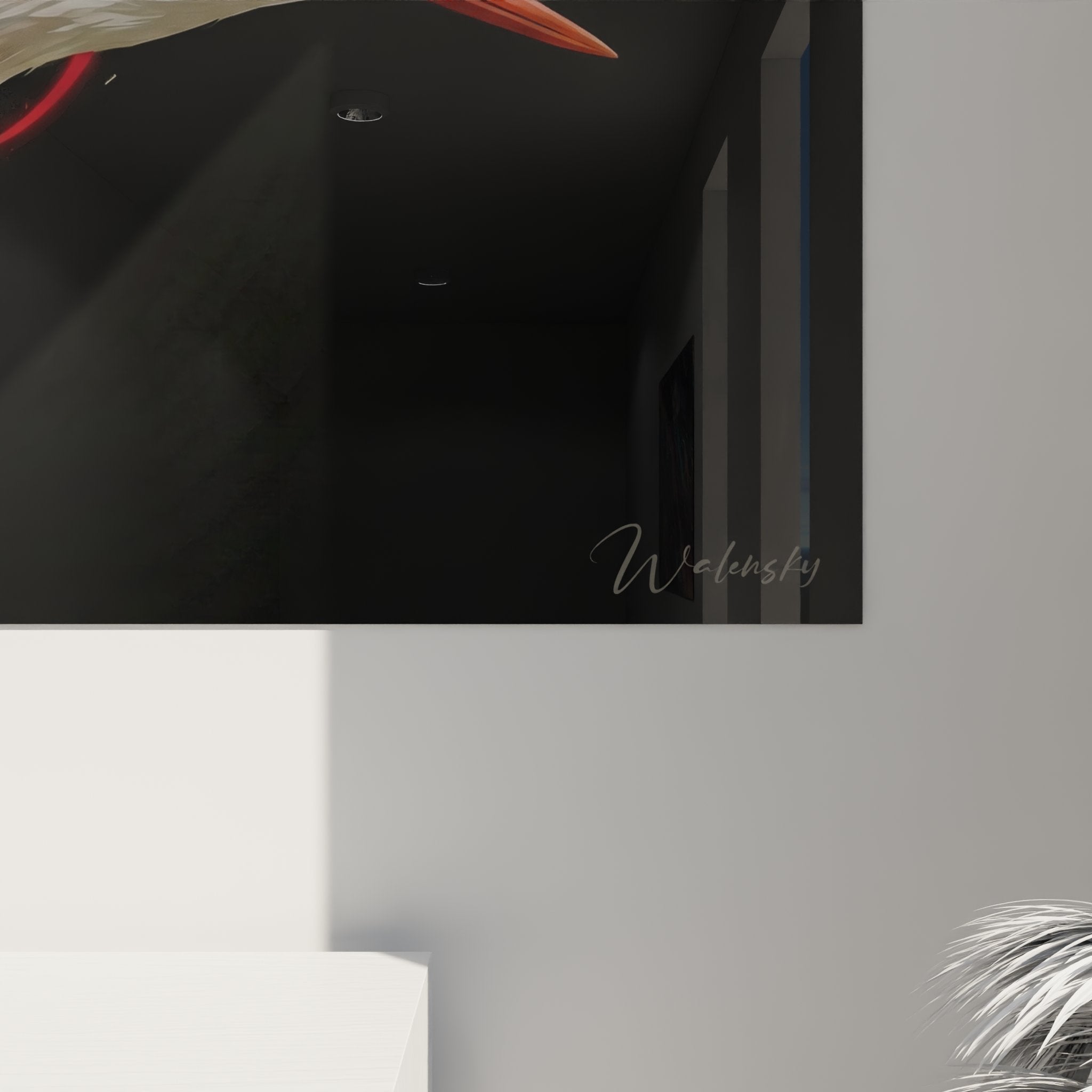 Vue d'ensemble tableau cigogne moderne - art mural contemporain avec oiseau blanc sur fond noir dramatique