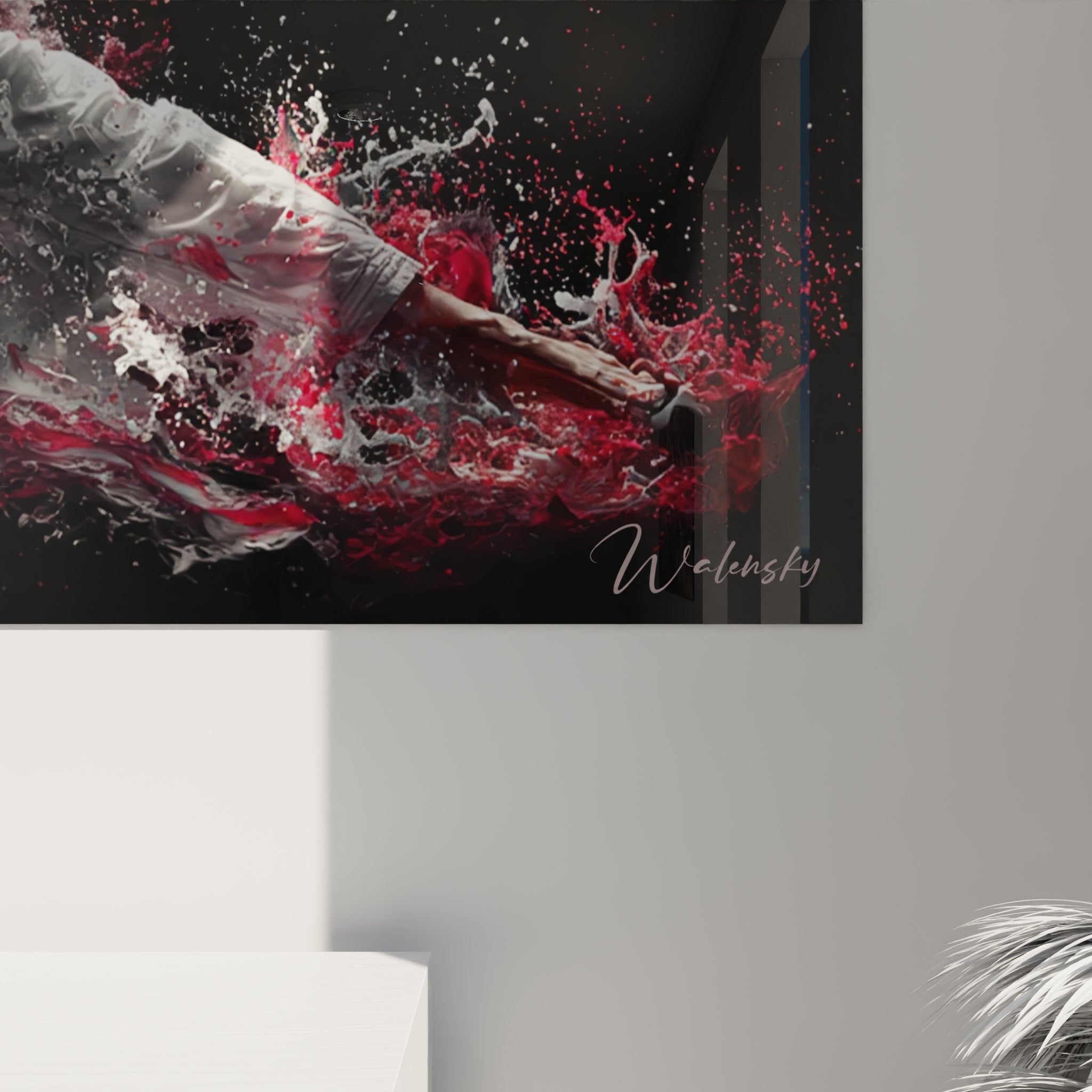 Vue d'ensemble tableau karaté mural, art martial décoratif avec effet explosion couleurs pour salon moderne