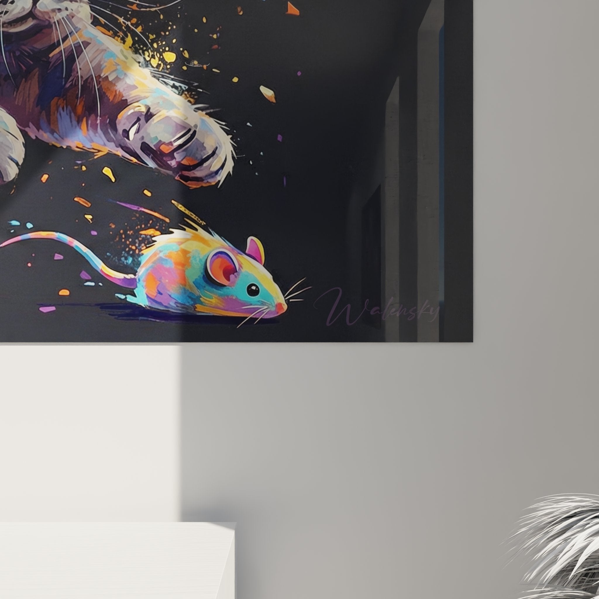 Panoramica quadro murale gatto British shorthair arte contemporanea con dettagli geometrici multicolori