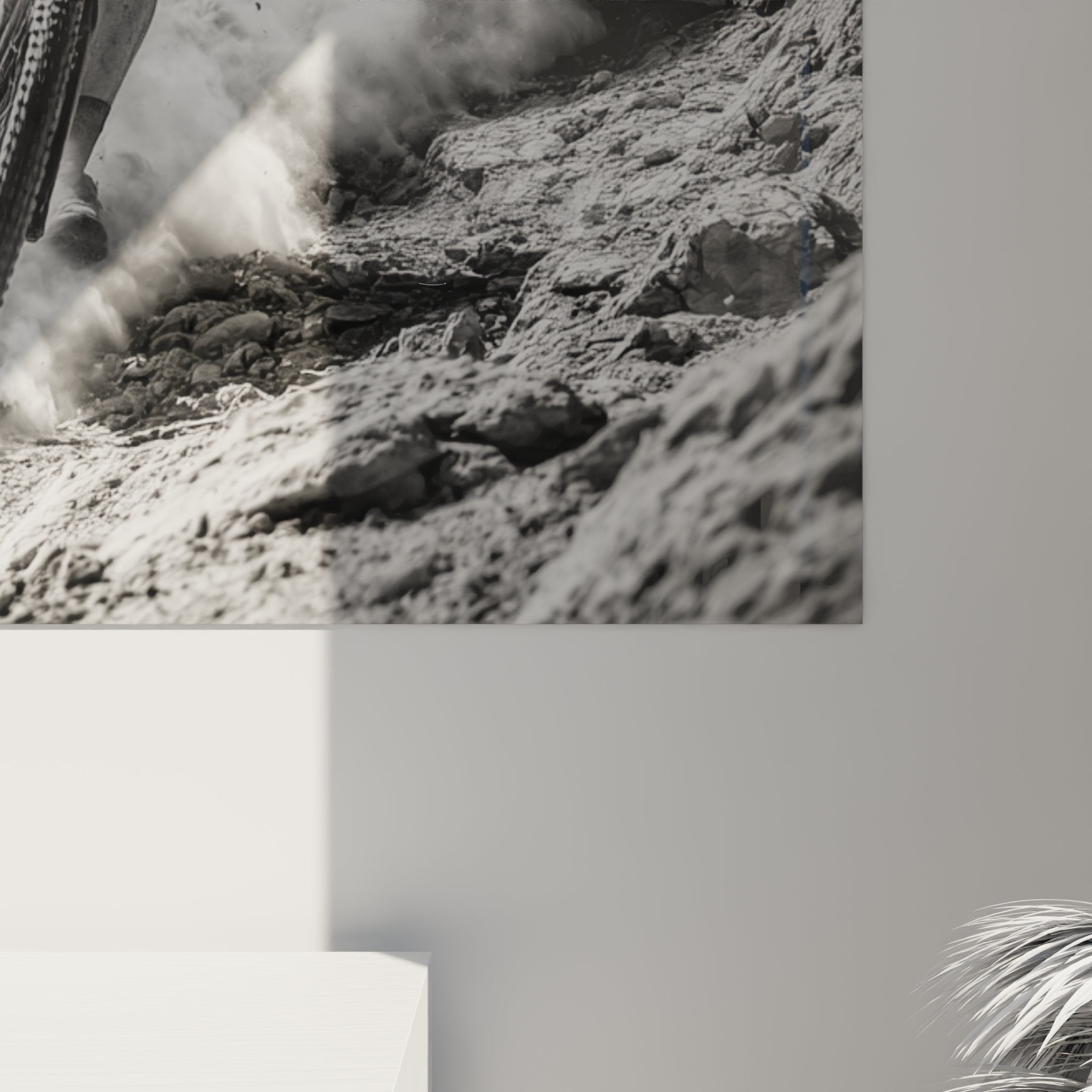 Vue d'ensemble du tableau mural VTT descente presentant un rider en pleine action dans un environnement rocailleux