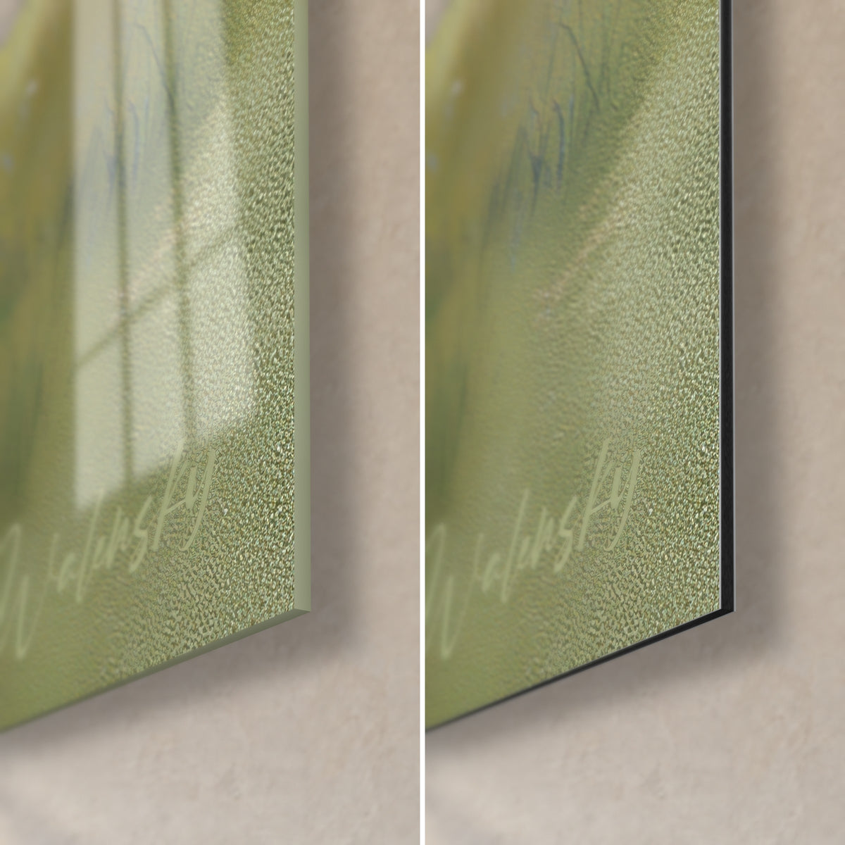 Wall art mountain cabin and soft green meadow, bottom right corner: glossy glass on the left, matte black Dibond on the right, 3 mm edge
