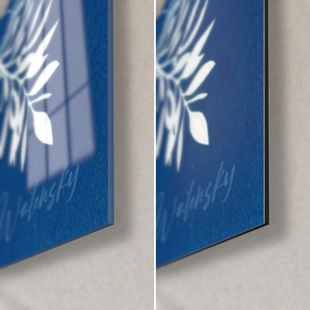 Gemälde einer schlafenden Katze, untere rechte Ecke: glänzendes Acrylglas links, matte Dibond-Platte rechts, Blau und Weiß, 3 mm Kante